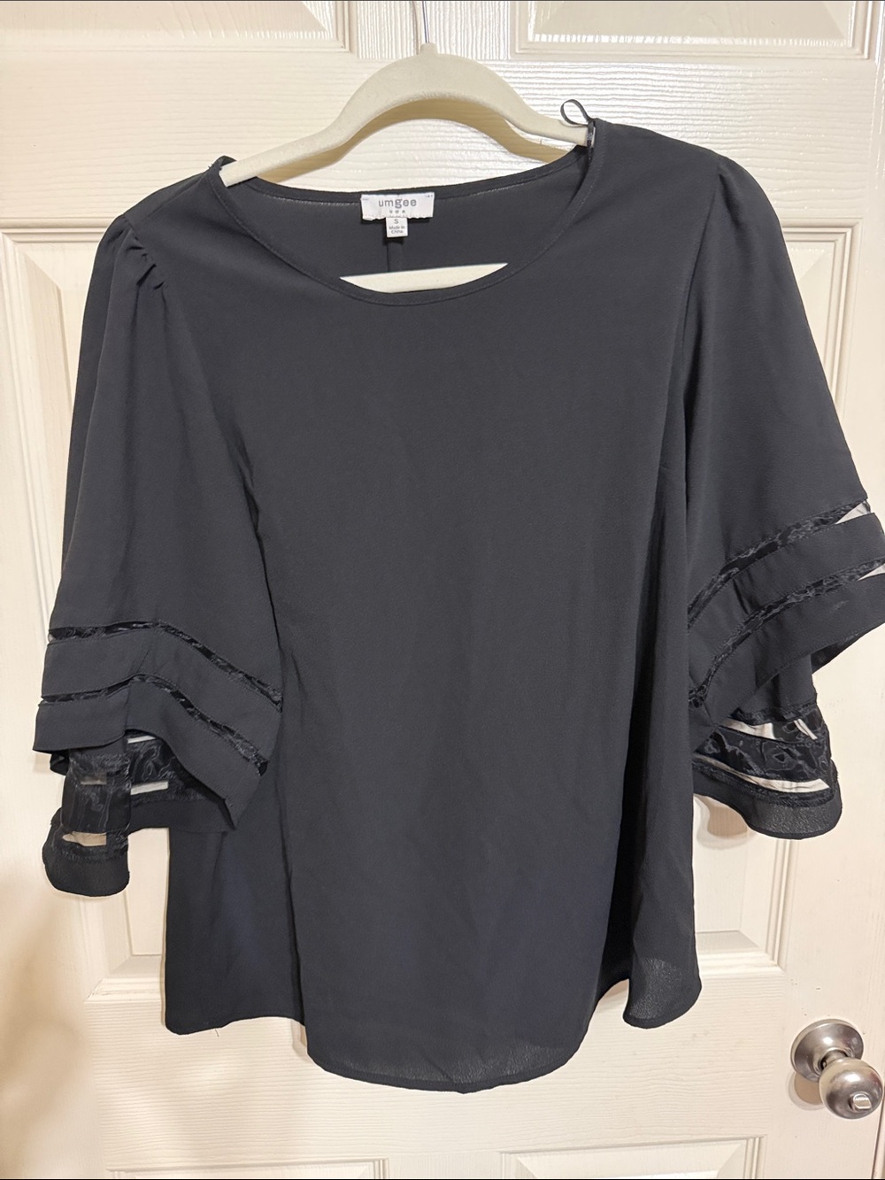 Umgee Black Flutter Sleeve Blouse with Sheer Trim